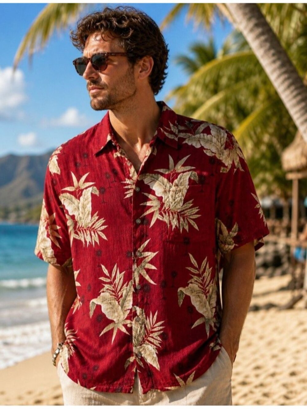 Vintage Campia Moda Mens XL Red Rayon Hawaiian Shirt Tropical Palm Camp Resort